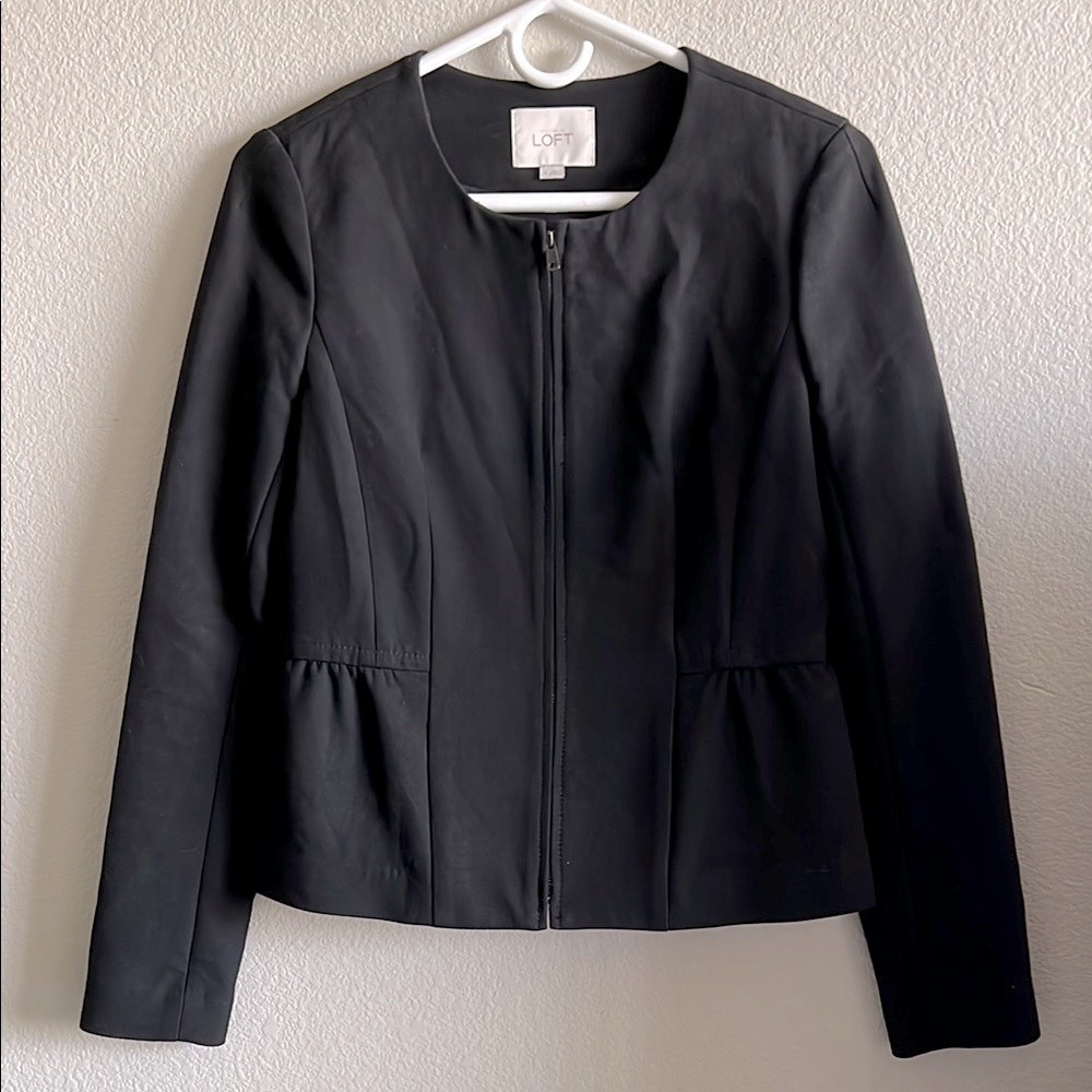 LOFT Black Collarless Peplum Blazer Zip Front Office Siren Corporate Chic